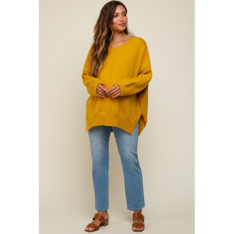 Yellow Dolman Sleeve Side Slit Maternity Sweater