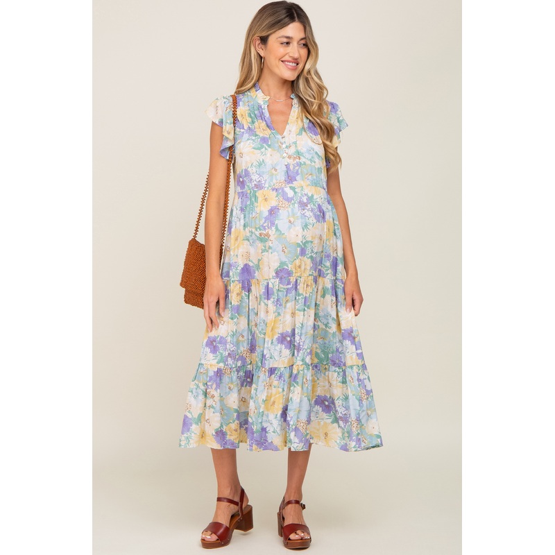Yellow Floral Button Front Ruffle Sleeve Tiered Maternity Midi Dress