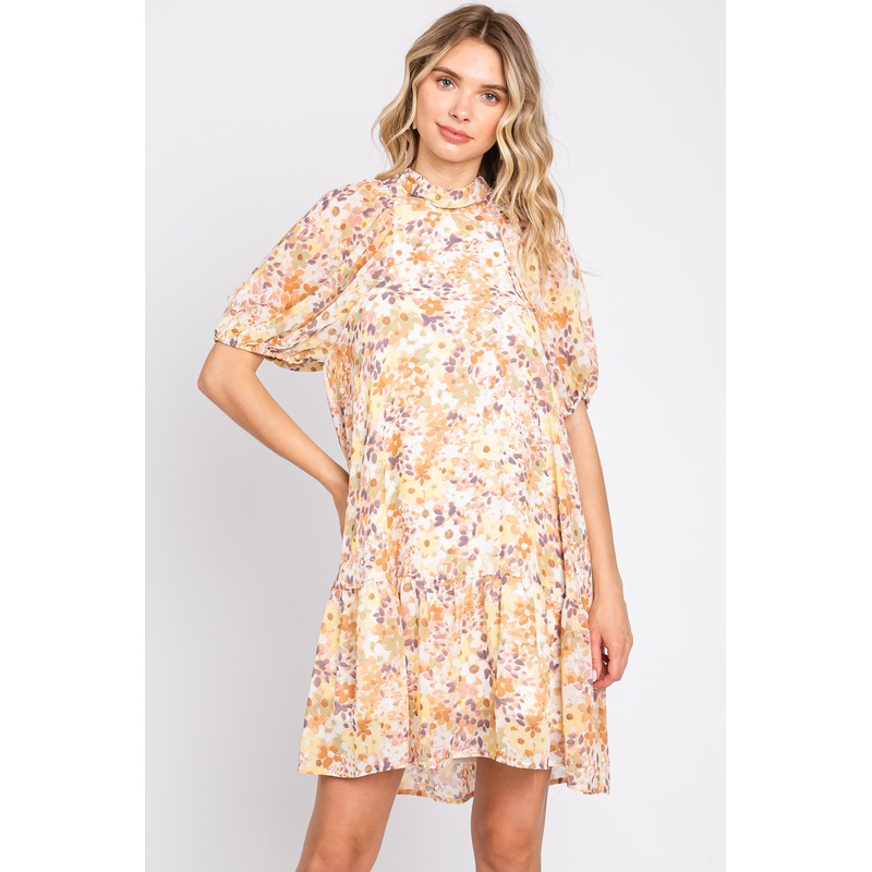 Yellow Floral Chiffon Back Cutout Tie Puff Sleeve Dress