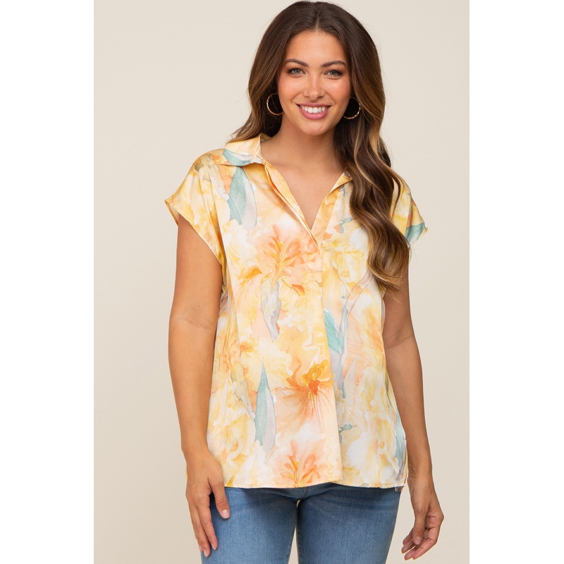 Yellow Watercolor Floral Satin Maternity Top
