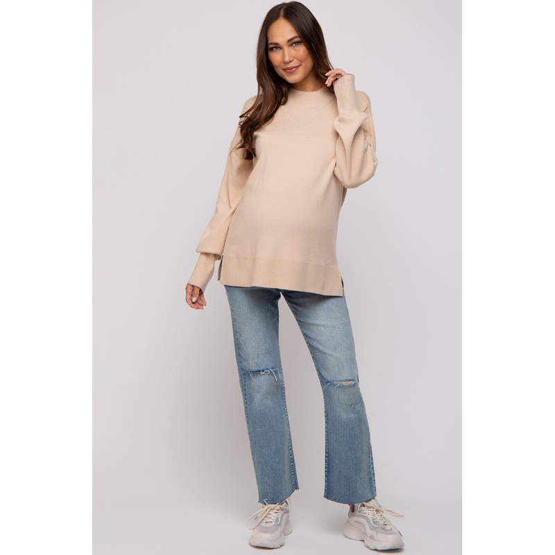 Beige Knit Mock Neck Maternity Long Sleeve Top