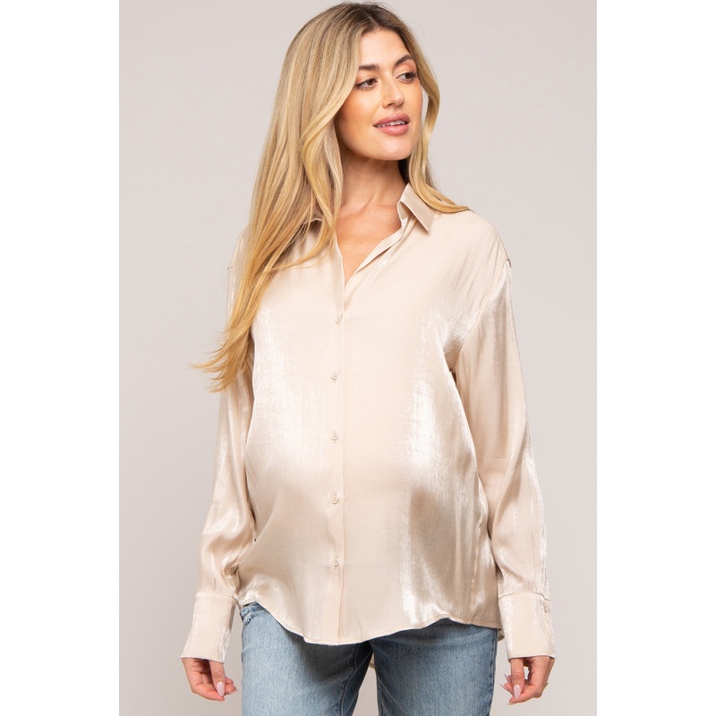 Beige Shimmer Satin Button Up Long Sleeve Maternity Blouse