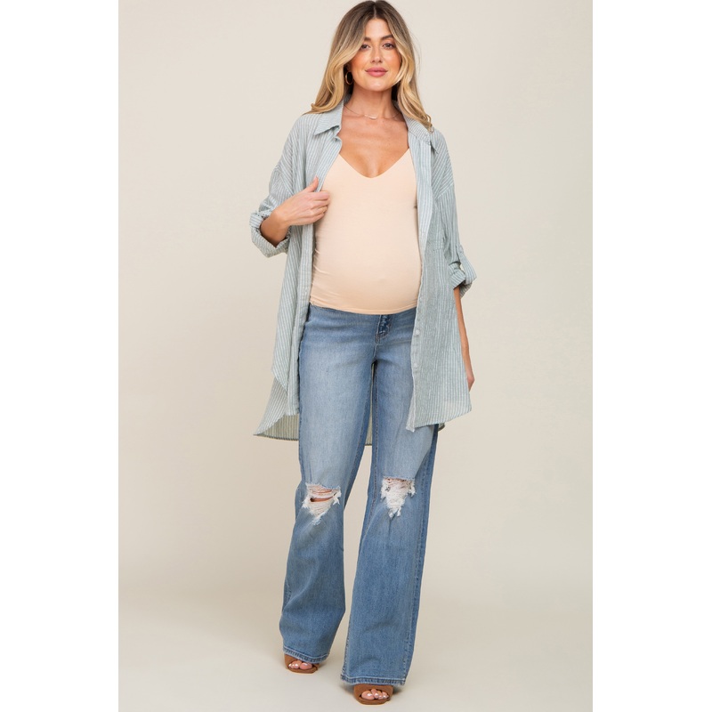 Blue Exposed Knee Maternity Flare Jeans