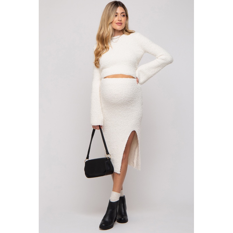 Cream Textured Knit Long Sleeve Top and Skirt Maternity Set