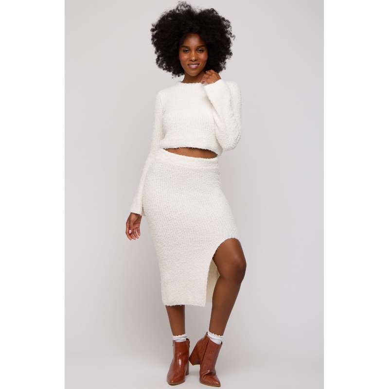 Cream Textured Knit Long Sleeve Top and Skirt Set