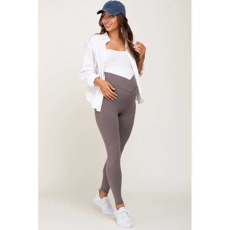 Grey Crossover Waist Maternity Leggings