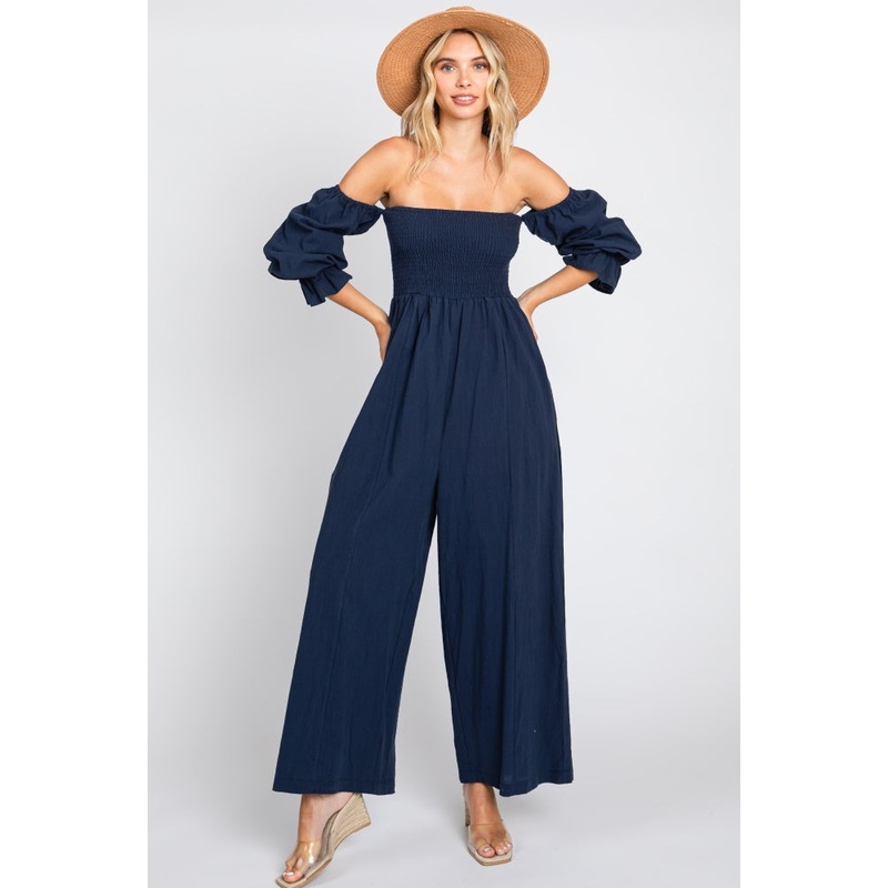 Navy Linen Smocked Off Shoulder Wide Leg Jumpsuit