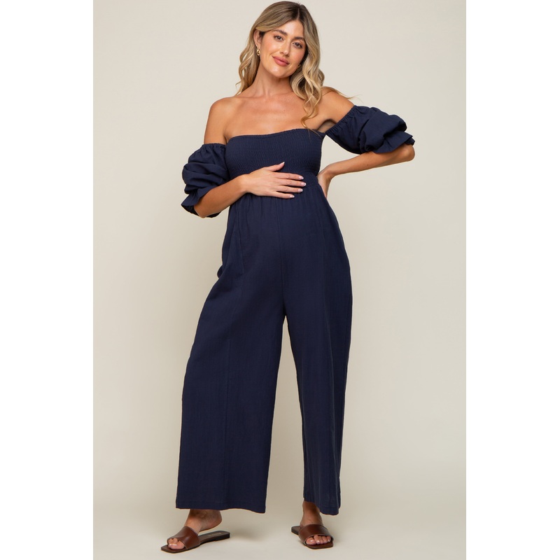 Navy Linen Smocked Off Shoulder Wide Leg Maternity Jumpsuit