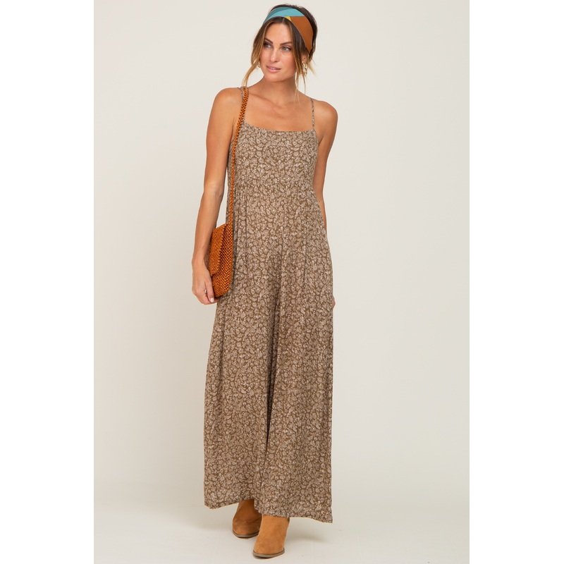 Olive Floral Sleeveless Back Tie Jumpsuit