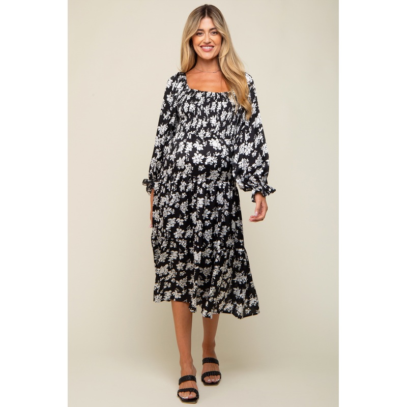 White Floral Satin Smocked Tiered Maternity Midi Dress