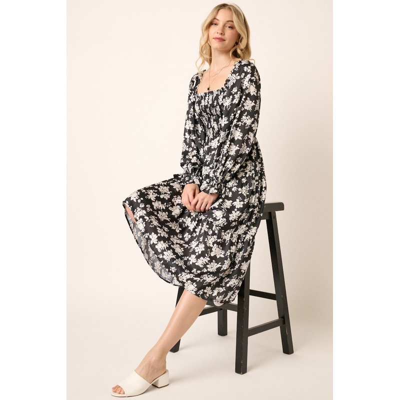 White Floral Satin Smocked Tiered Midi Dress