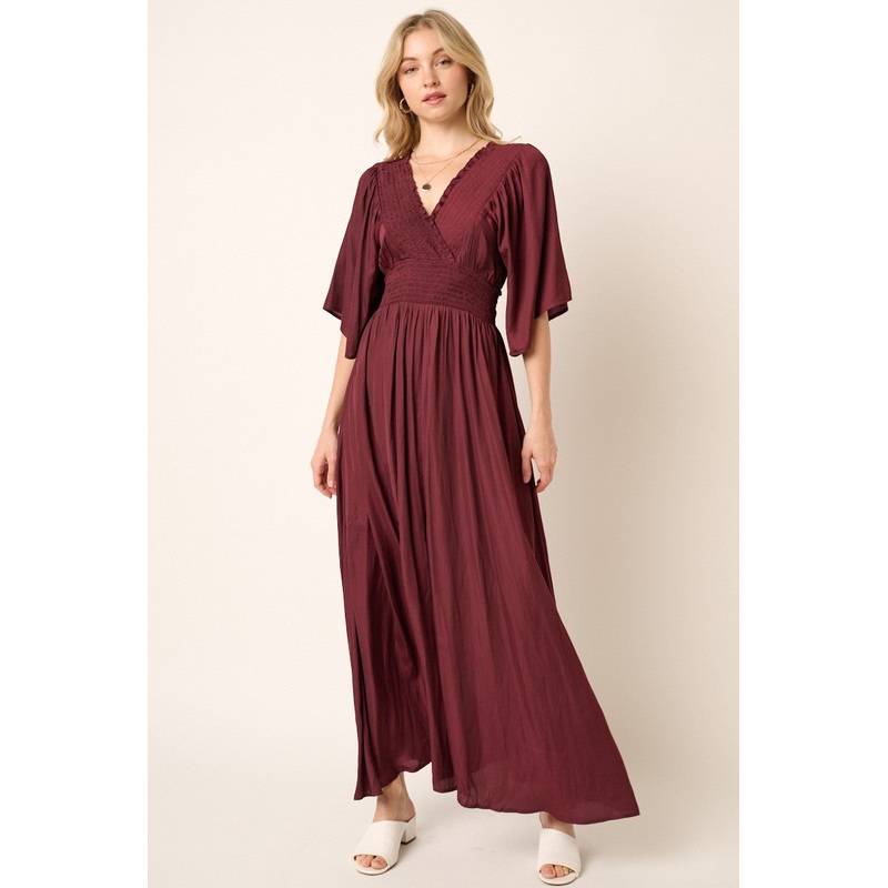 Wine Smocking Detail Maxi Dress