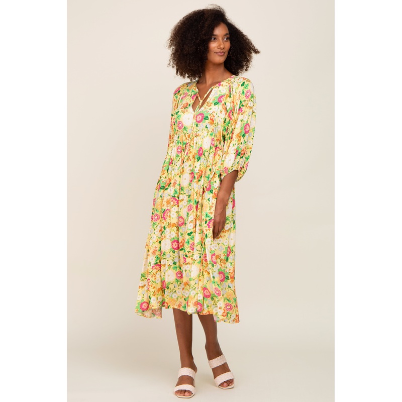 Yellow Floral 3/4 Sleeve Midi Dress