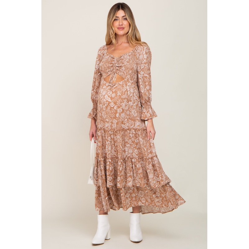 Beige Floral Cutout Smocked Tiered Maternity Maxi Dress
