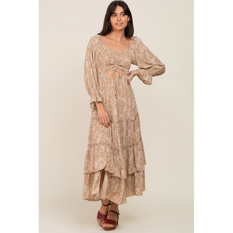 Beige Floral Cutout Smocked Tiered Maxi Dress
