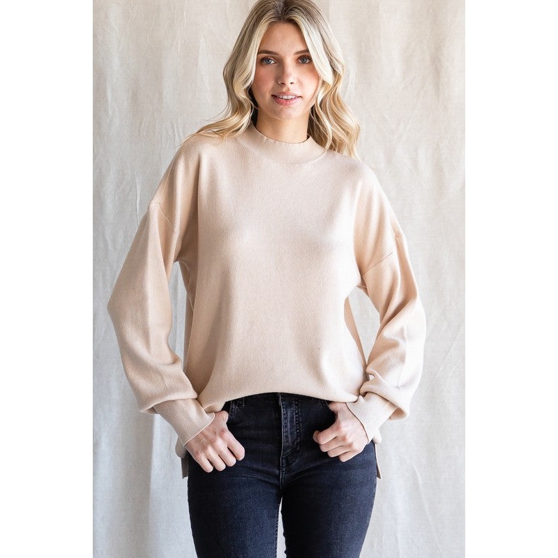 Beige Knit Mock Neck Long Sleeve Top