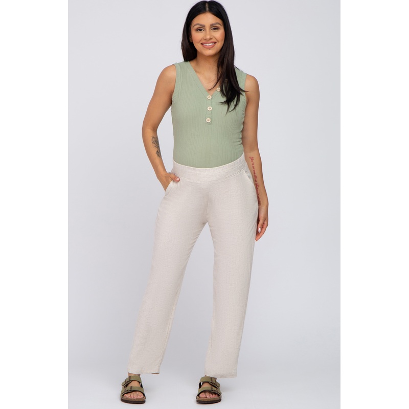 Beige Linen Maternity Pants