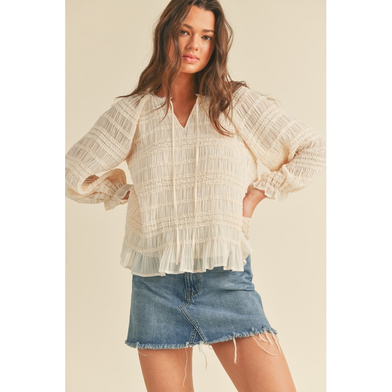 Beige Pleated Texture Tie-Front Blouse
