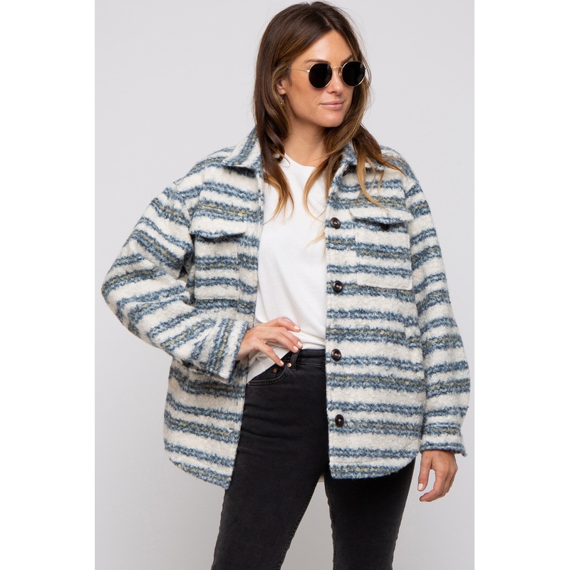 Blue Striped Thick Sherpa Jacket