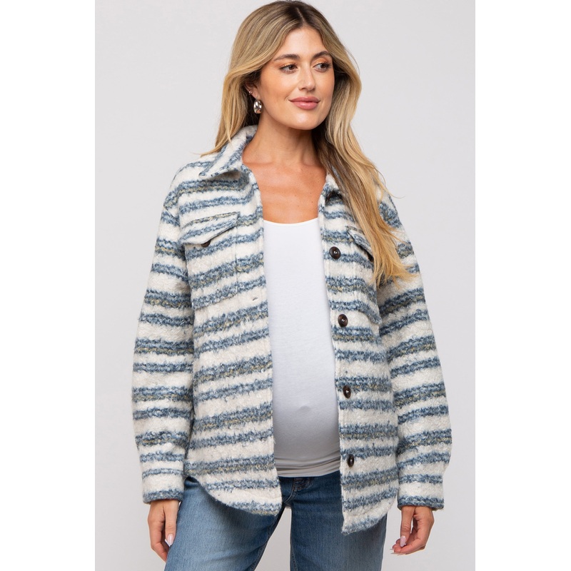 Blue Striped Thick Sherpa Maternity Jacket