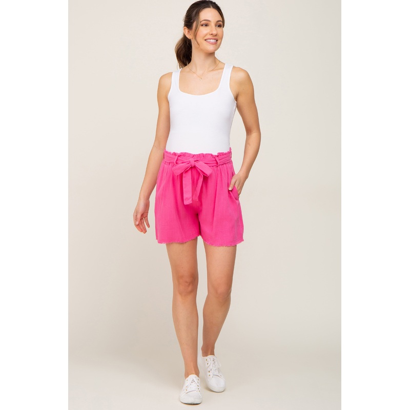 Fuchsia Front Tie Raw Hem Maternity Shorts