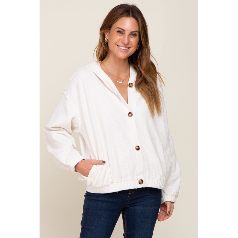 Ivory Corduroy Button Up Hooded Jacket