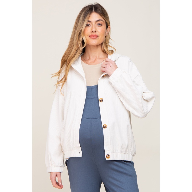 Ivory Corduroy Button Up Hooded Maternity Jacket