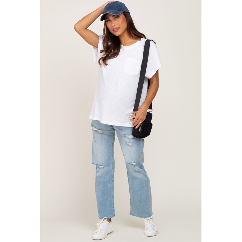 Light Blue Distressed Straight Leg Maternity Jeans