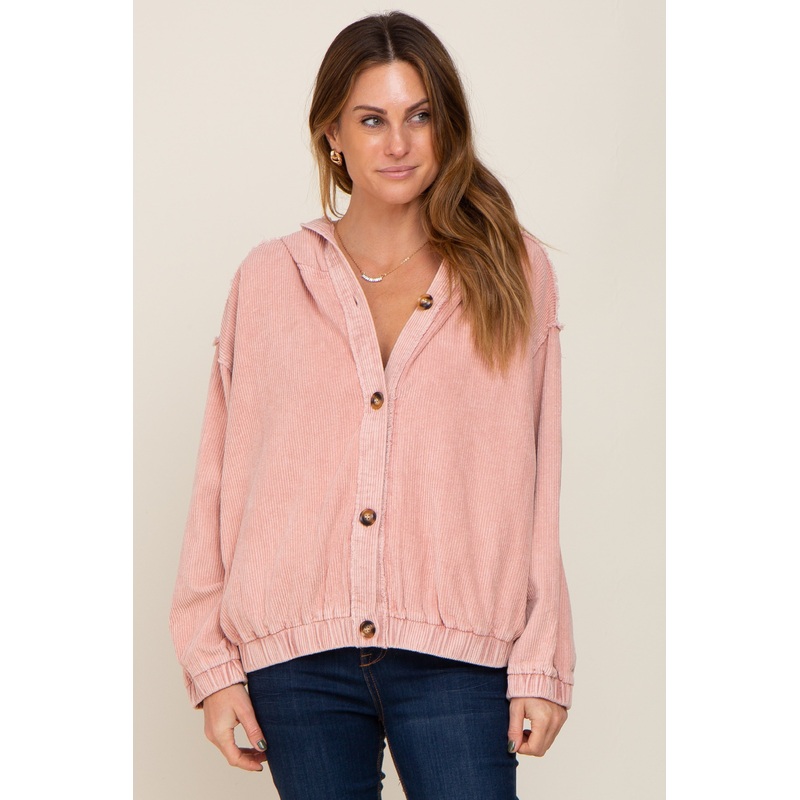 Light Pink Corduroy Button Up Hooded Jacket