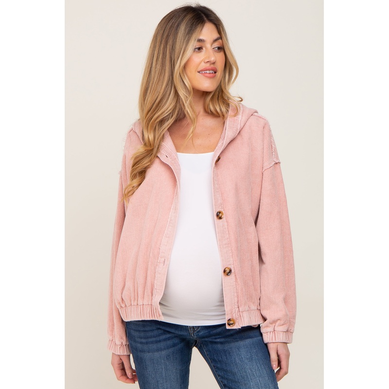 Light Pink Corduroy Button Up Hooded Maternity Jacket