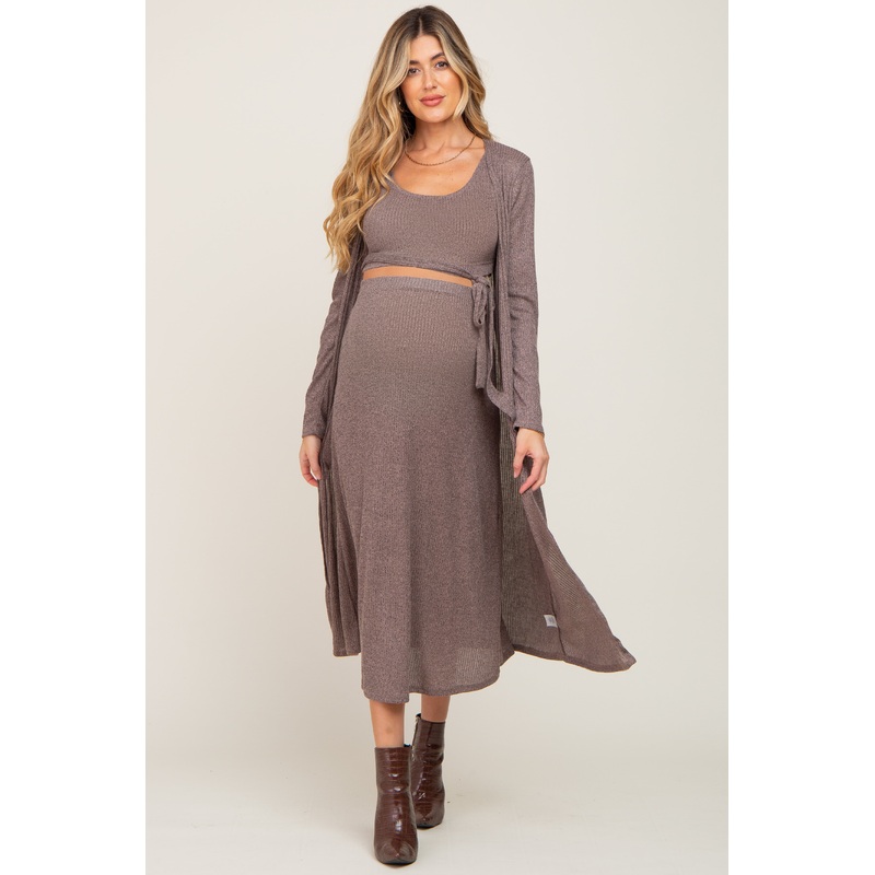 Mocha Heather 3-Piece Skirt and Cardigan Maternity Set
