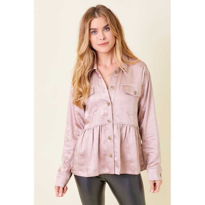 Rose Peplum Satin Shirt Jacket