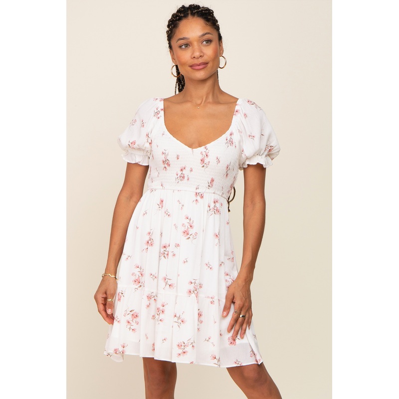 White Floral Smocked Short Puff Sleeve Dress