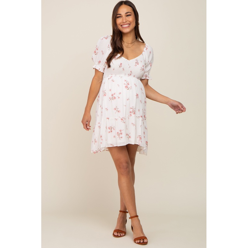 White Floral Smocked Short Puff Sleeve Maternity Dress
