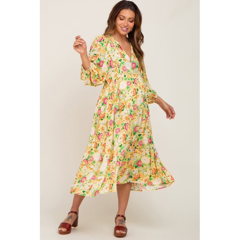 Yellow Floral 3/4 Sleeve Maternity Midi Dress