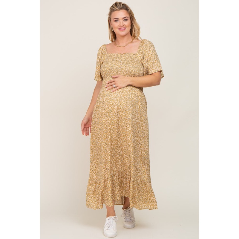 Yellow Floral Smocked Flounce Sleeve Maternity Plus Maxi Dress