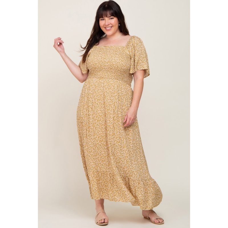 Yellow Floral Smocked Flounce Sleeve Plus Maxi Dress