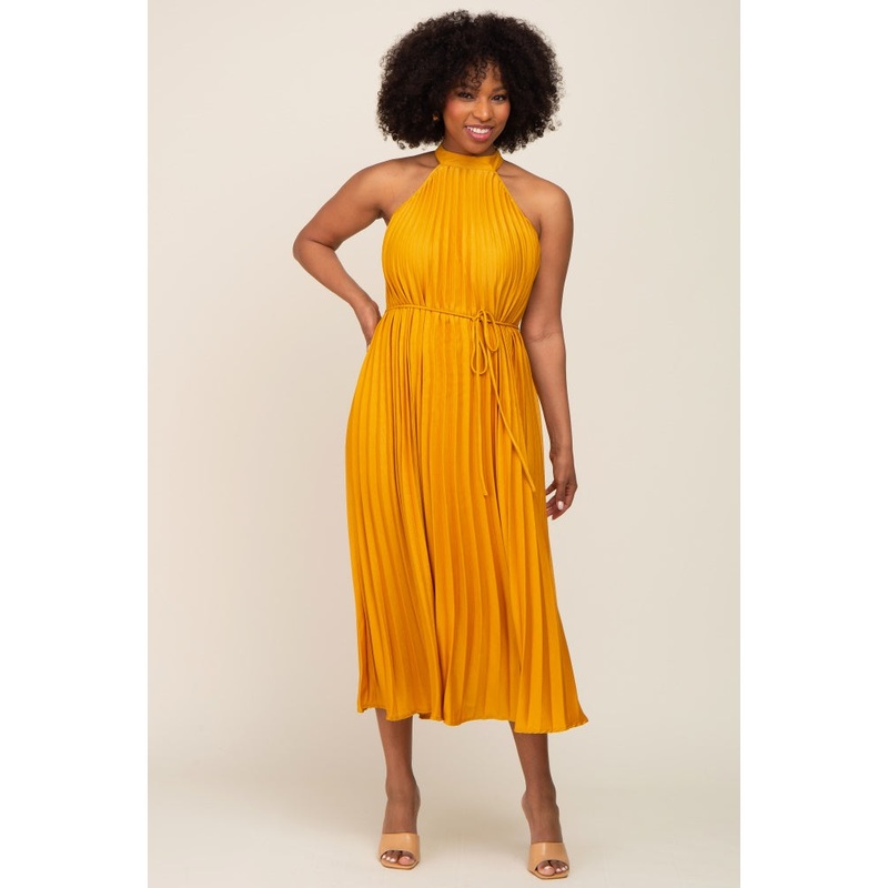 Yellow Pleated Halter Dress