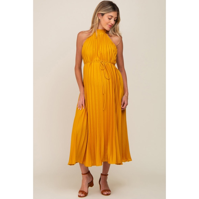 Yellow Pleated Maternity Halter Dress