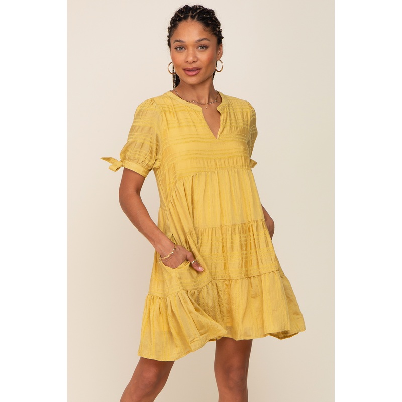 Yellow Textured Stripe V-Neck Tiered Dress