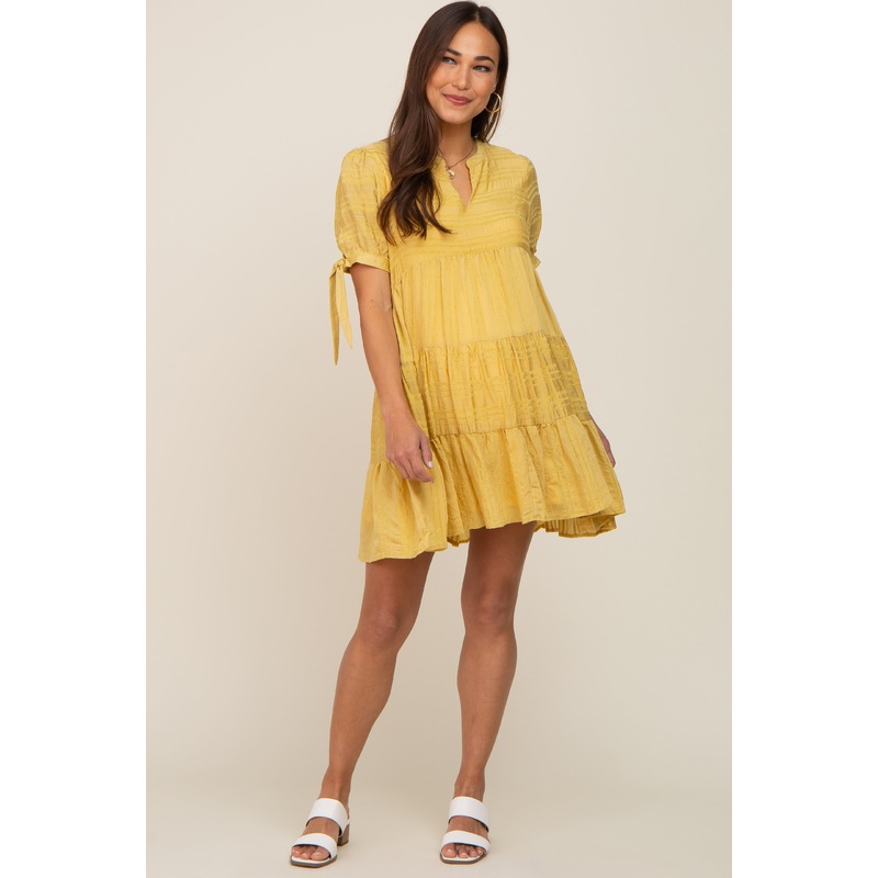 Yellow Textured Stripe V-Neck Tiered Maternity Dress