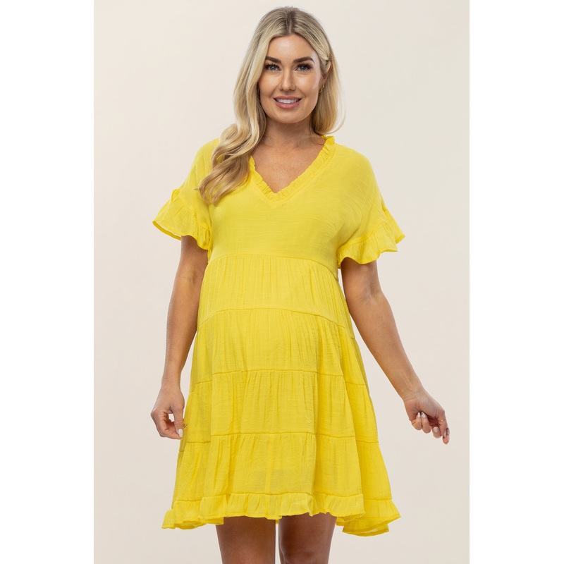 Yellow Tiered Ruffle Accent Maternity Dress