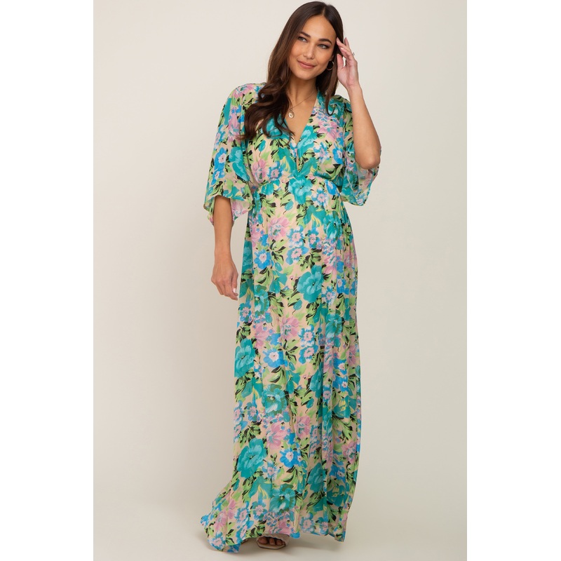 Beige Floral Chiffon Half Length Sleeve Maternity Maxi Dress