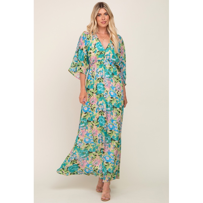 Beige Floral Chiffon Half Length Sleeve Maxi Dress