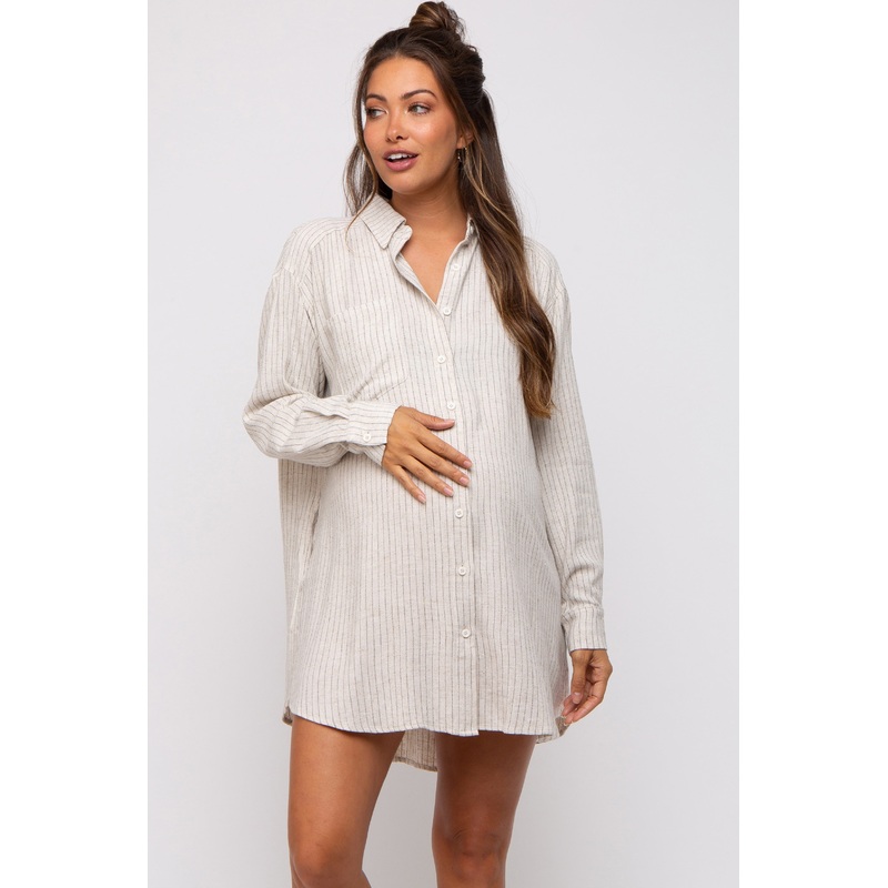 Beige Pinstriped Button-Down Linen Maternity Dress