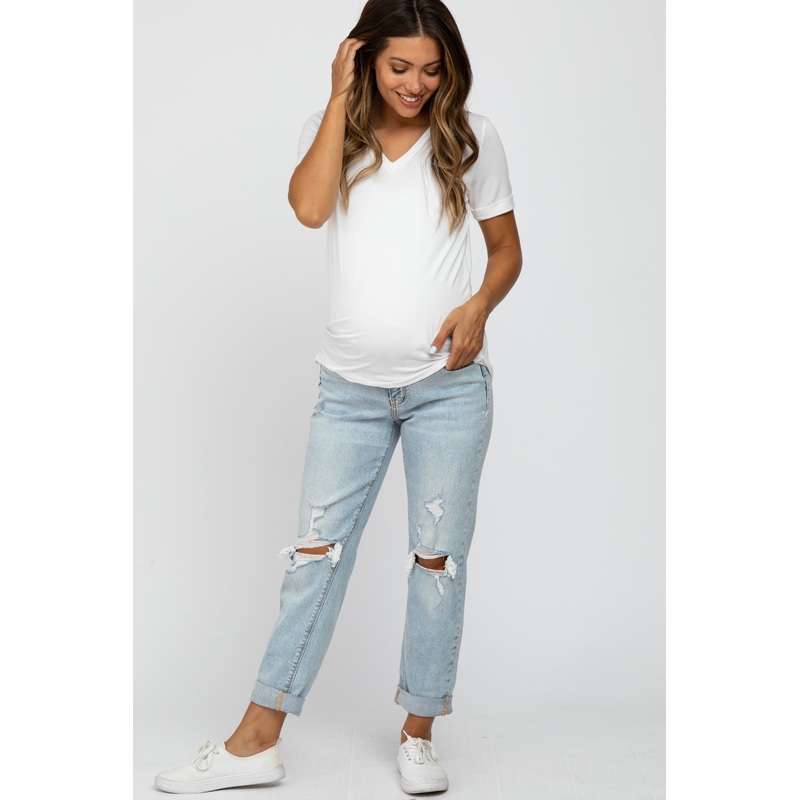 Light Blue Distressed Cuffed Hem Maternity Jeans