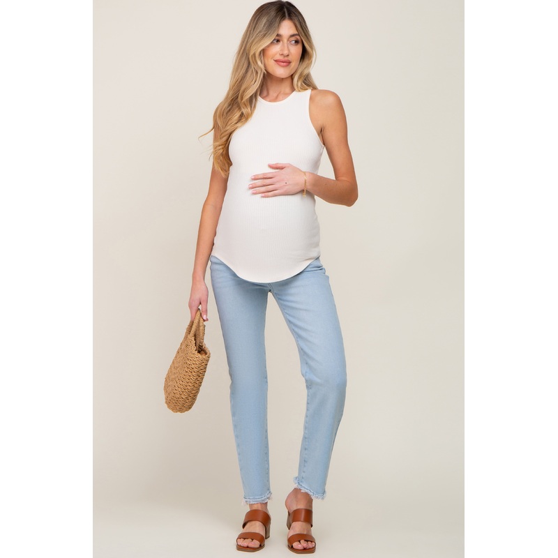 Light Blue Fringe Hem Straight Leg Maternity Jeans