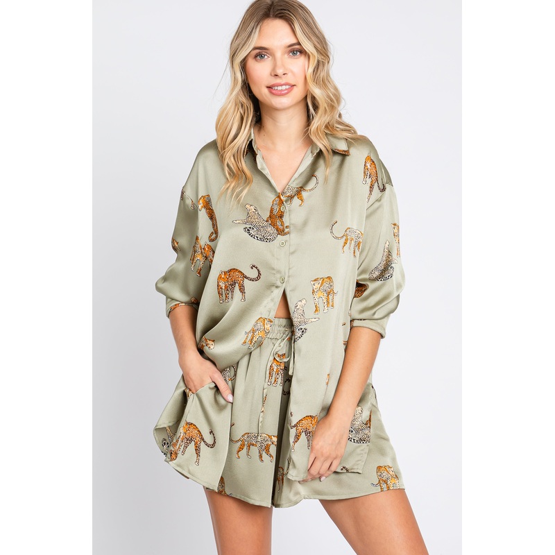 Light Olive Animal Print Silky Matching Shorts Set