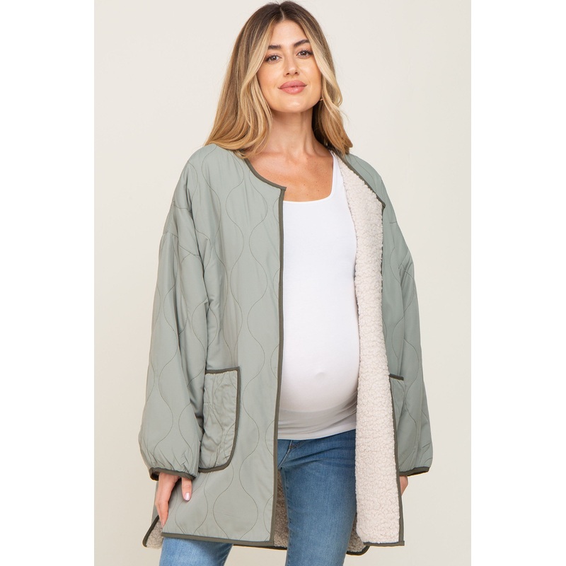 Light Olive Reversible Sherpa Maternity Jacket