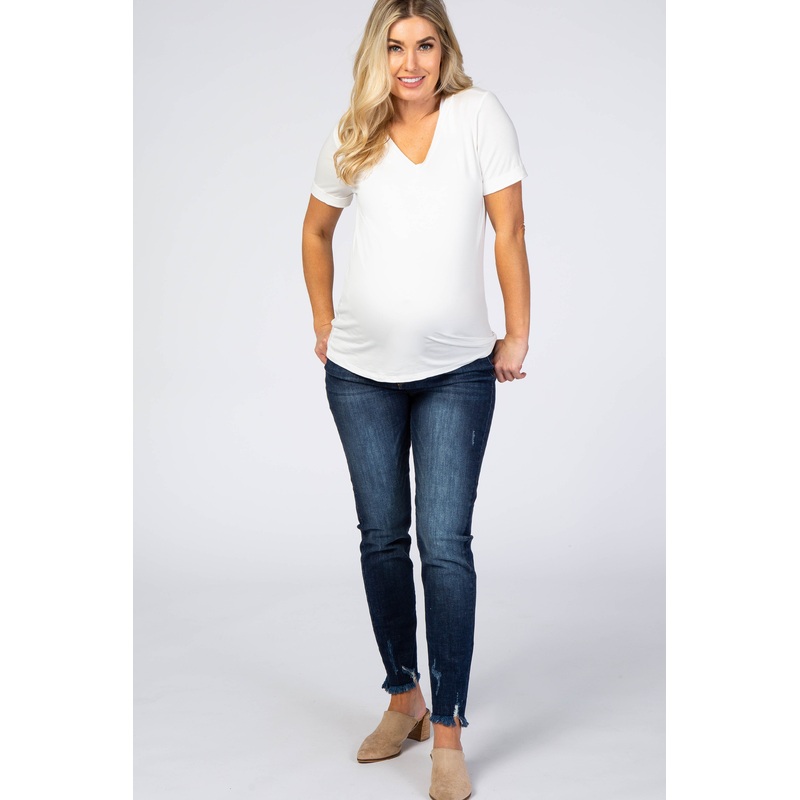 Medium Wash Frayed Hem Skinny Maternity Jeans